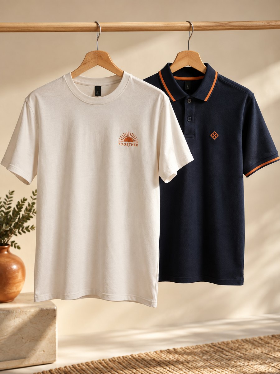AI-generated event clothing concepts: ivory T-shirt with a sunrise motif and navy polo with orange trim