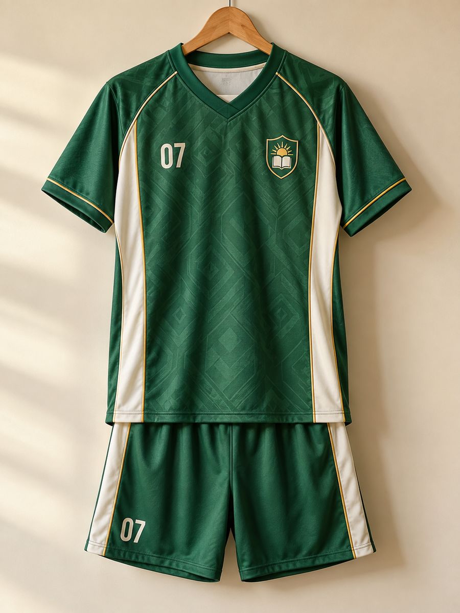 AI-generated demo school jersey and shorts in emerald green with ivory panels and a fictional crest