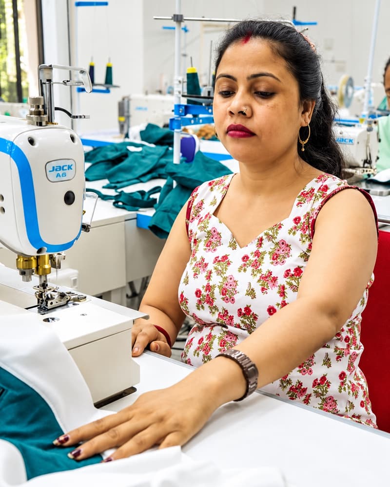 A Kintela seamstress working with green fabric